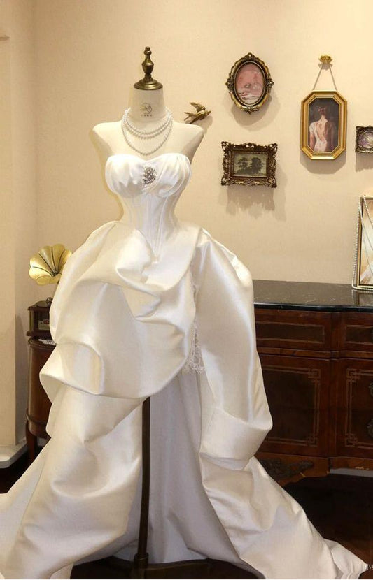 Beautiful A Line Strapless White Satin Sweep Long Prom Dress,Wedding Dress,Evening Dress GG2033