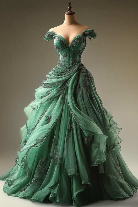 Green Ball Gown Tulle Off The Shoulder Long Prom Dress,Wedding Dress,Evening Dress GG2058