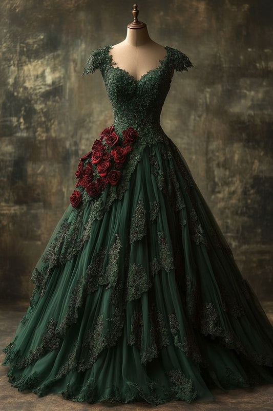 Glamorous Ball Gown Dark Green Tulle Lace Applique Long Prom Dress,Evening Dress GG2063