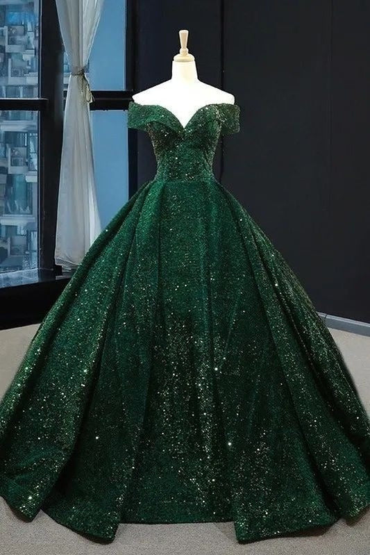 Glitter Ball Gown Dark Green Off The Shoulder Satin Sequin Long Prom Dress,Evening Dress GG2064