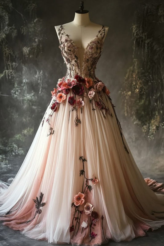 Unique A Line V Neck Tulle Applique Long Prom Dress,Evening Dress GG2104