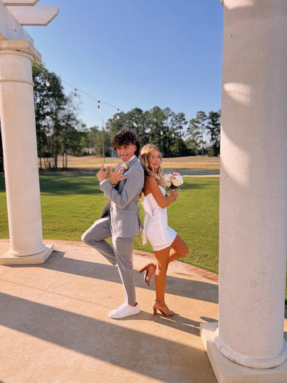 Sheath Mermaid Strapless White Satin Sequin Back With Bow Short Prom Dress,Homecoming Dress,Evening Dress GG2145