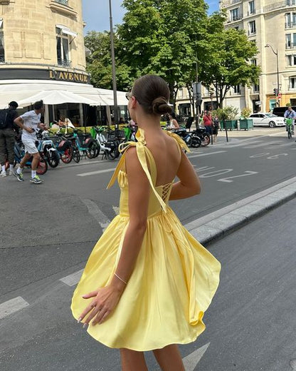 Cute A Line Spaghetti Straps Yellow Satin Short Prom Dress,Homecoming Dress,Evening Dress GG2229