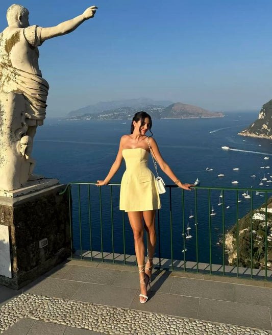 Cute A Line Strapless Yellow Satin Short Prom Dress,Homecoming Dress,Evening Dress GG2230