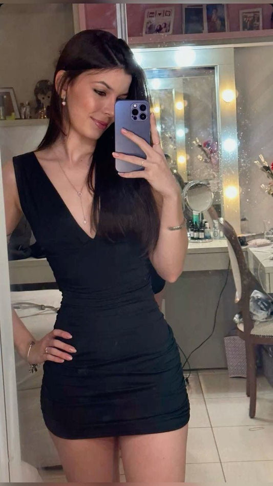 Sheath Mermaid V Neck Black Satin Short Prom Dress,Homecoming Dress,Evening Dress GG2241