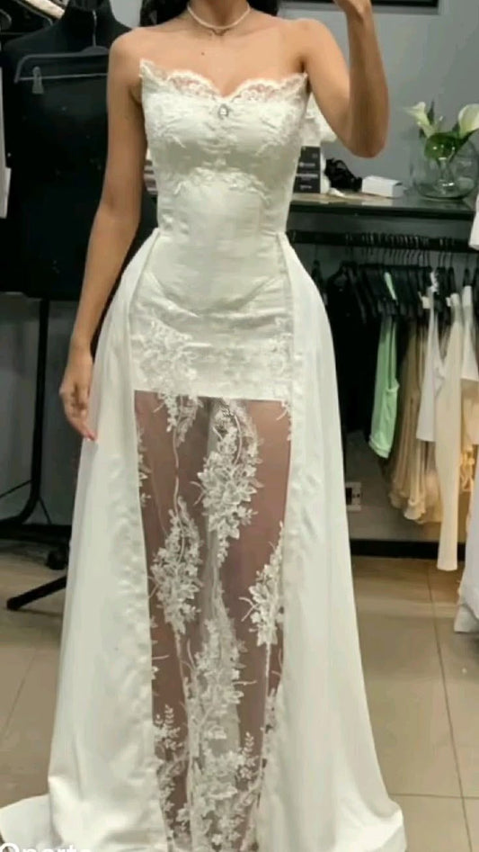 Vintage Mermaid Strapless White Satin Lace Long Prom Dress,Wedding Dress,Evening Dress GG2299