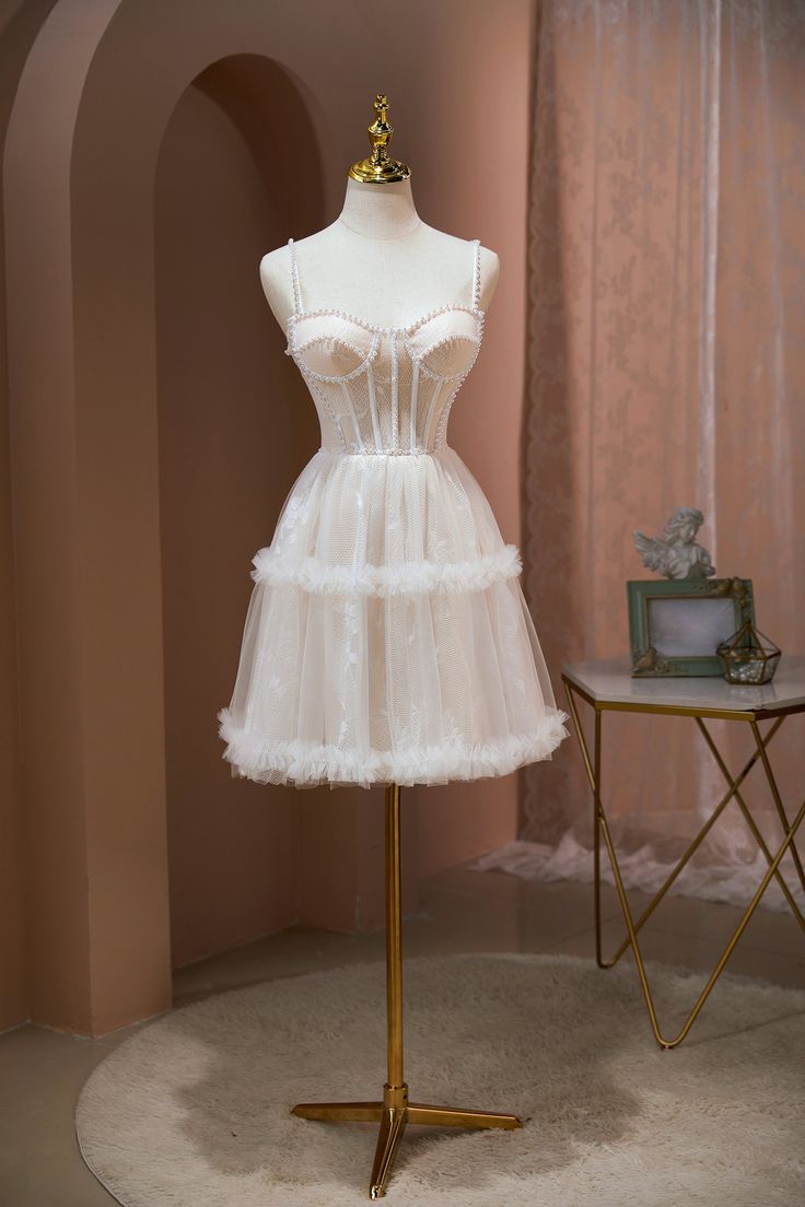 Lovely A Line Spaghetti Straps Tulle Pearl Short Prom Dress,Homecoming Dress,Birthday Dress GG2351