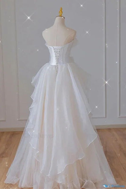 Cute A Line Strapless White Chiffon Tulle Long Prom Dress,Party Dress,Evening Dress GG2360