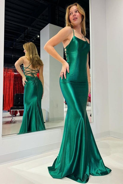 Elegant Mermaid Spaghetti Straps Green Satin Long Prom Dress,Party Dress,Evening Dress GG2404