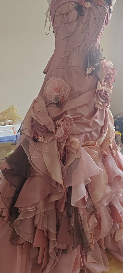 Vintage A Line Spaghetti Straps Satin Chiffon Sequin Flowers Long Prom Dress, Party Dress, Evening Dress GG2546