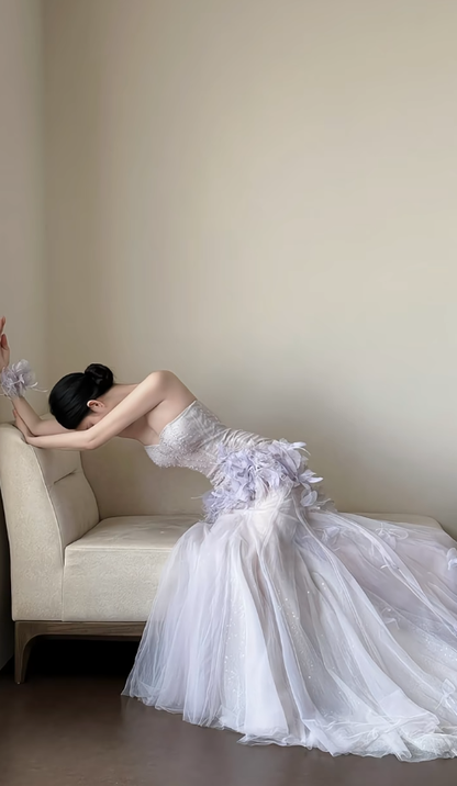 Unique Mermaid Straoless Satin Tulle Applique Long Prom Dress, Party Dress, Evening Dress GG2823