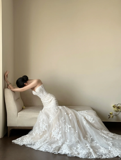 Gorgeous Mermaid Strapless White Tulle Applique Long Prom Dress, Wedding Dress, Evening Dress GG2831