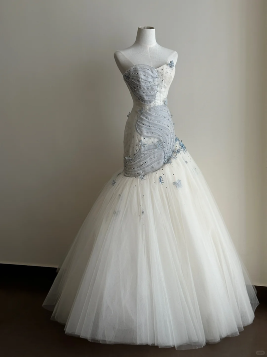 Pretty Mermaid Strapless Tulle Beaded Long Prom Dress, Wedding Dress, Evening Dress GG2839