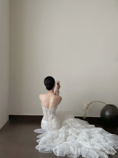 Delicate Mermaid Strapless Lace Beaded Long Sleeves Long Prom Dress, Wedding Dress, Evening Dress GG2840