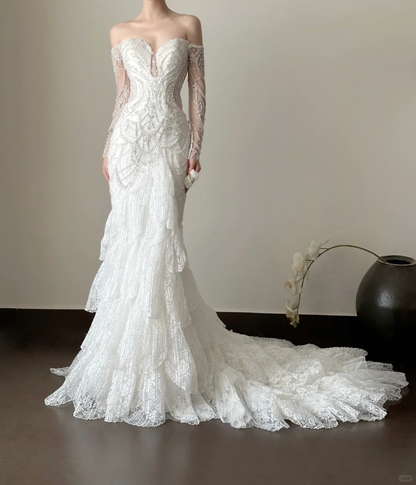 Delicate Mermaid Strapless Lace Beaded Long Sleeves Long Prom Dress, Wedding Dress, Evening Dress GG2840