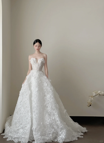 Gorgeous A Line Strapless White Lace Long Prom Dress, Wedding Dress, Evening Dress GG2845