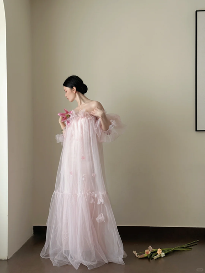 Unique Off The Shoulder Pink Satin Tulle Applique Long Prom Dress, Wedding Dress, Evening Dress GG2846