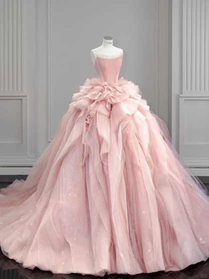 Fairy Ball Gown Strapless Soft Pink Satin Tulle Long Prom Dress, Wedding Dress, Evening Dress GG2932