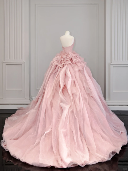 Fairy Ball Gown Strapless Soft Pink Satin Tulle Long Prom Dress, Wedding Dress, Evening Dress GG2932