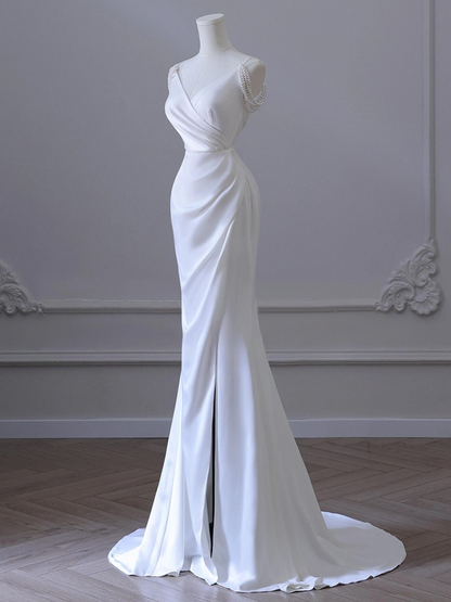 Classy Mermaid Spaghetti Straps White Satin Long Wedding Dress GG2944