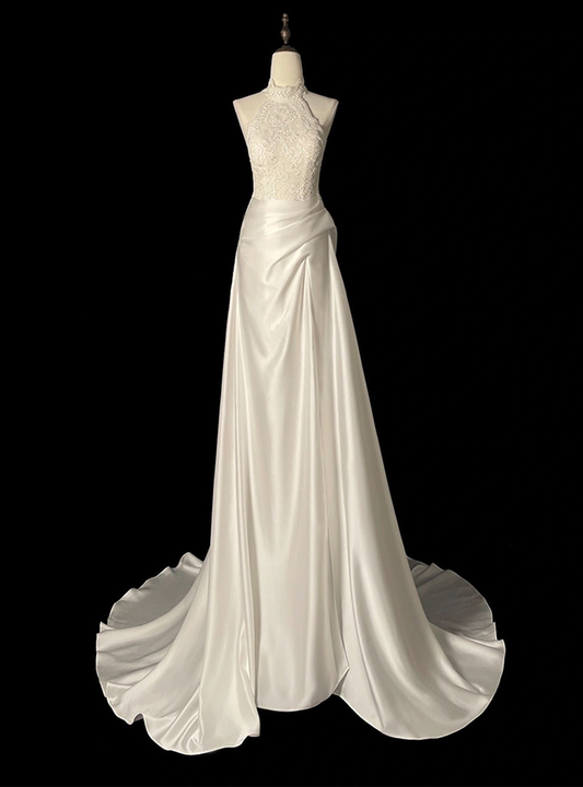Timeless A Line Halter White Satin Lace Long Wedding Dress GG2945