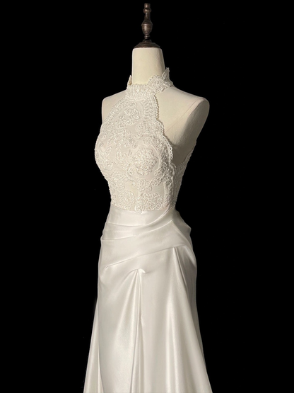 Timeless A Line Halter White Satin Lace Long Wedding Dress GG2945