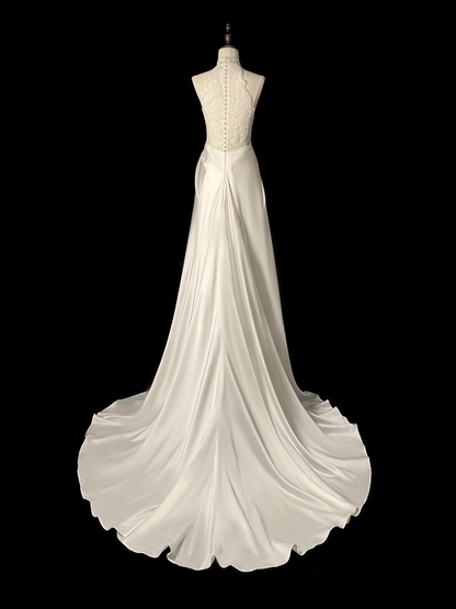 Timeless A Line Halter White Satin Lace Long Wedding Dress GG2945