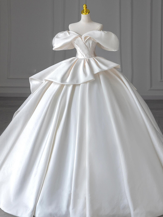 Dreamy Ball Gown Off The Shoulder White Satin Long Wedding Dress GG2947