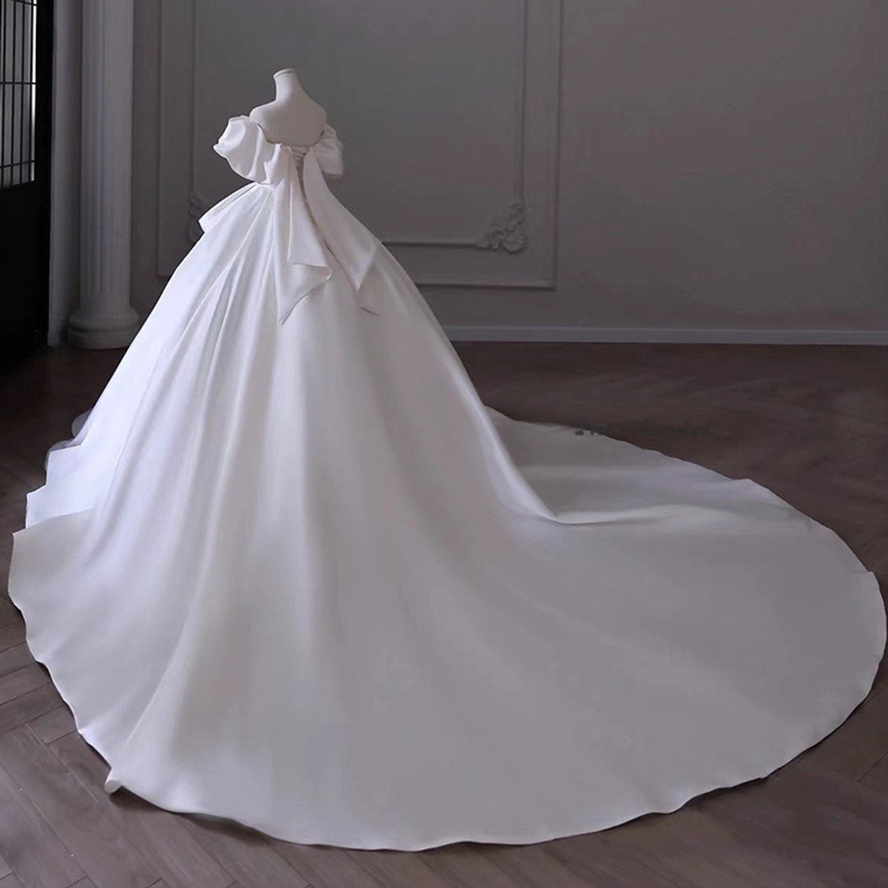Dreamy Ball Gown Off The Shoulder White Satin Long Wedding Dress GG2947