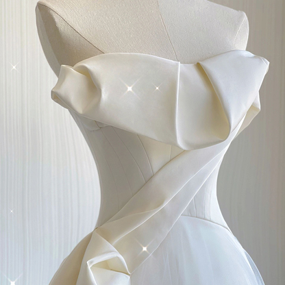 Vintage A Line Strapless White Stain Tulle Long Wedding Dress GG2949