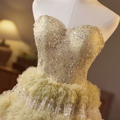 Princess Ball Gown Strapless Satin Tulle Beaded Long Wedding Dress GG2950