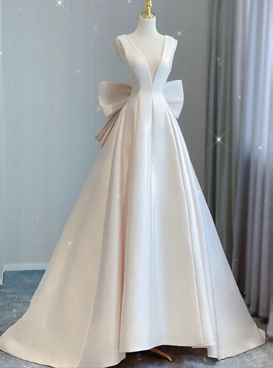 Classy A Line V Neck Satin Back With Bow Long Wedding Dress GG2951