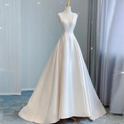 Classy A Line V Neck Satin Back With Bow Long Wedding Dress GG2951