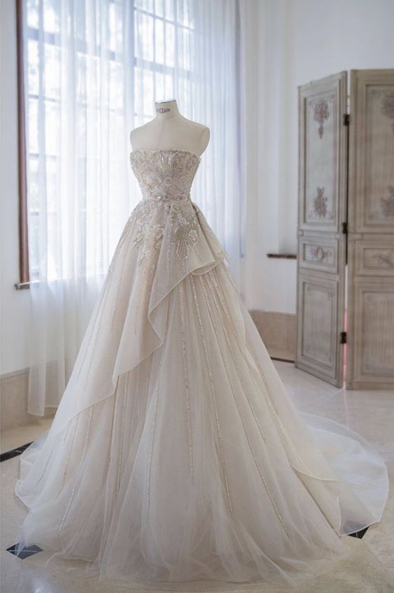 Pretty A Line Strapless Chiffon Tulle Beaded Long Wedding Dress GG2952