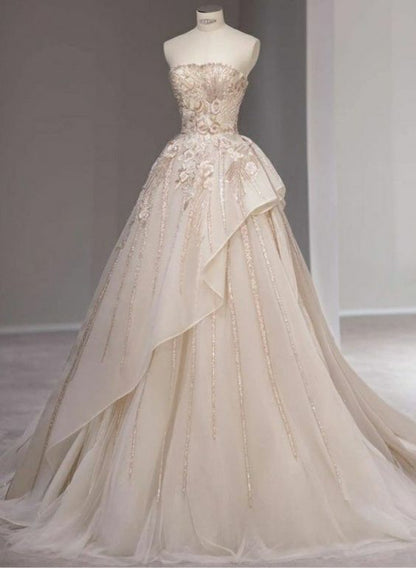 Pretty A Line Strapless Chiffon Tulle Beaded Long Wedding Dress GG2952