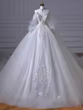 Dreamy Ball Gown White Tulle Beaded Applique Long Sleeves Long Wedding Dress GG2953