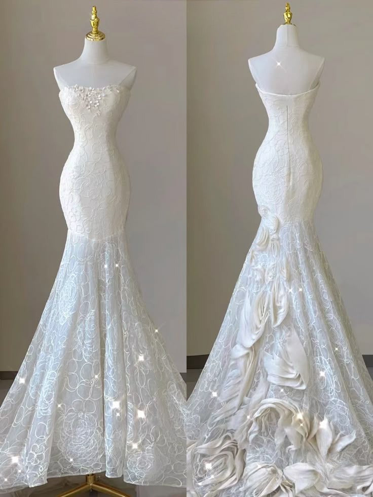 Classy Mermaid Strapless Satin Lace Applique Long Wedding Dress GG2955