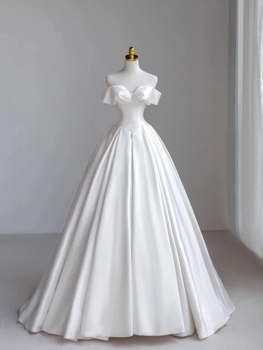 Elegant A Line Off The Shoulder White Satin Long Wedding Dress GG2956