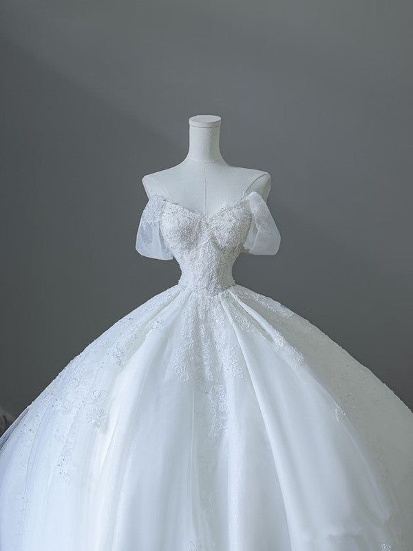 Timeless Ball Gown Off The Shoulder White Tulle Applique Long Wedding Dress GG2957