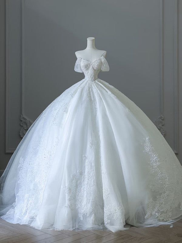 Timeless Ball Gown Off The Shoulder White Tulle Applique Long Wedding Dress GG2957