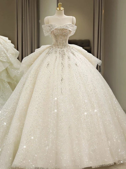Dreamy Ball Gown Off The Shoulder Tulle Beaded Long Wedding Dress GG2958