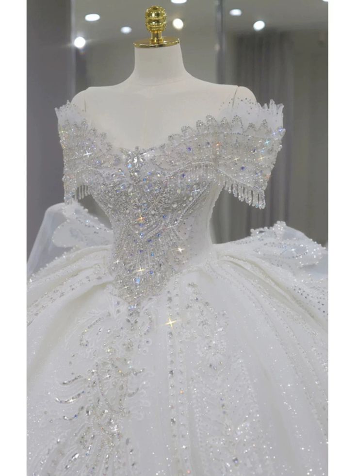 Timeless Ball Gown Off The Shoulder White Tulle Sequin Beaded Long Wedding Dress GG2960
