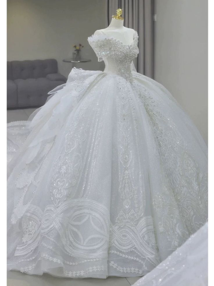 Timeless Ball Gown Off The Shoulder White Tulle Sequin Beaded Long Wedding Dress GG2960