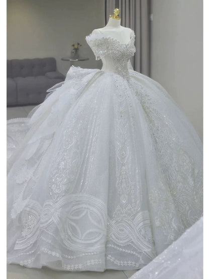 Timeless Ball Gown Off The Shoulder White Tulle Sequin Beaded Long Wedding Dress GG2960