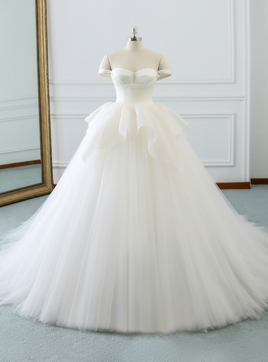 Classy Elegant Ball Gown Off The Shoulder White Satin Tulle Long Wedding Dress GG2971