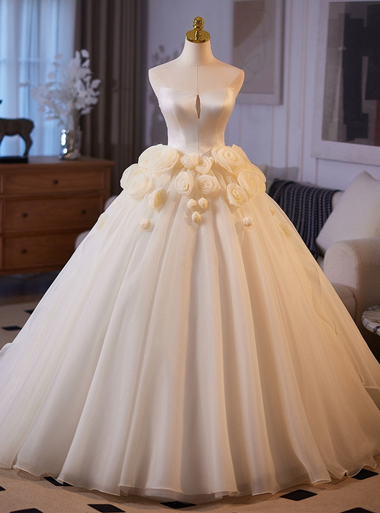 Classy Elegant Ball Gown Strapless Ivory Satin Tulle Applique Long Wedding Dress GG2975