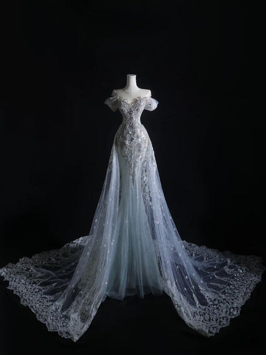 Timeless Mermaid Off The Shoulder Tulle Sequin Beaded Long Wedding Dress GG2979