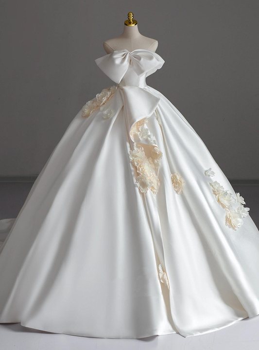 Classy Romantic Ball Gown Off The Shoulder Satin Applique Long Wedding Dress GG2980