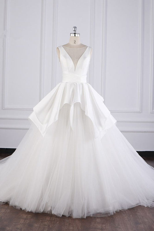 Princess Ball Gown V Neck White Satin Tulle Long Wedding Dress GG2982
