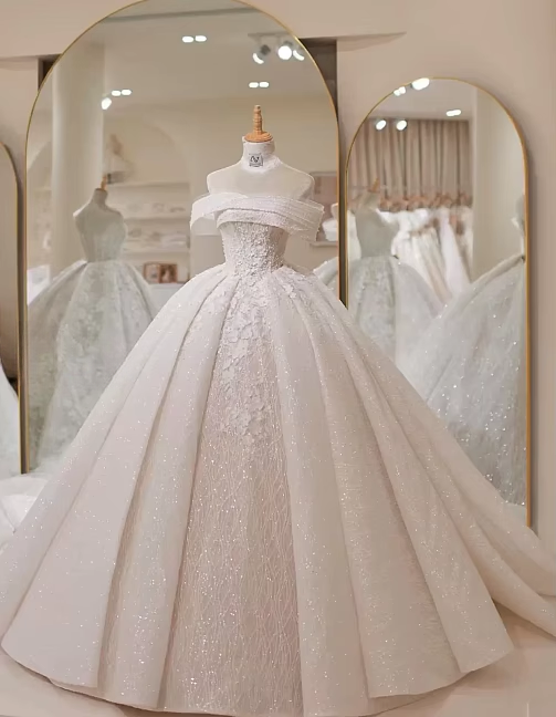 Timeless Ball Gown Off The Shoulder Light Pink Satin Tulle Sequin Long Wedding Dress GG2983